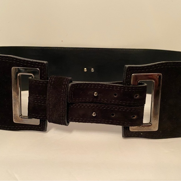 MAX MARA BELT WIDE BLACK LEATHER CROC LOOK SUEDE TAB BUCKLE ITALY SIZE L main image 8